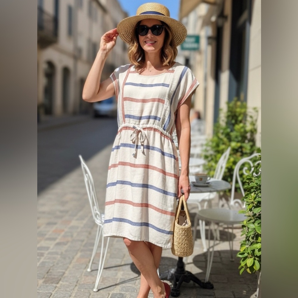 Old Navy Striped Linen Dress - Cream Blue/Rush Stripes XL